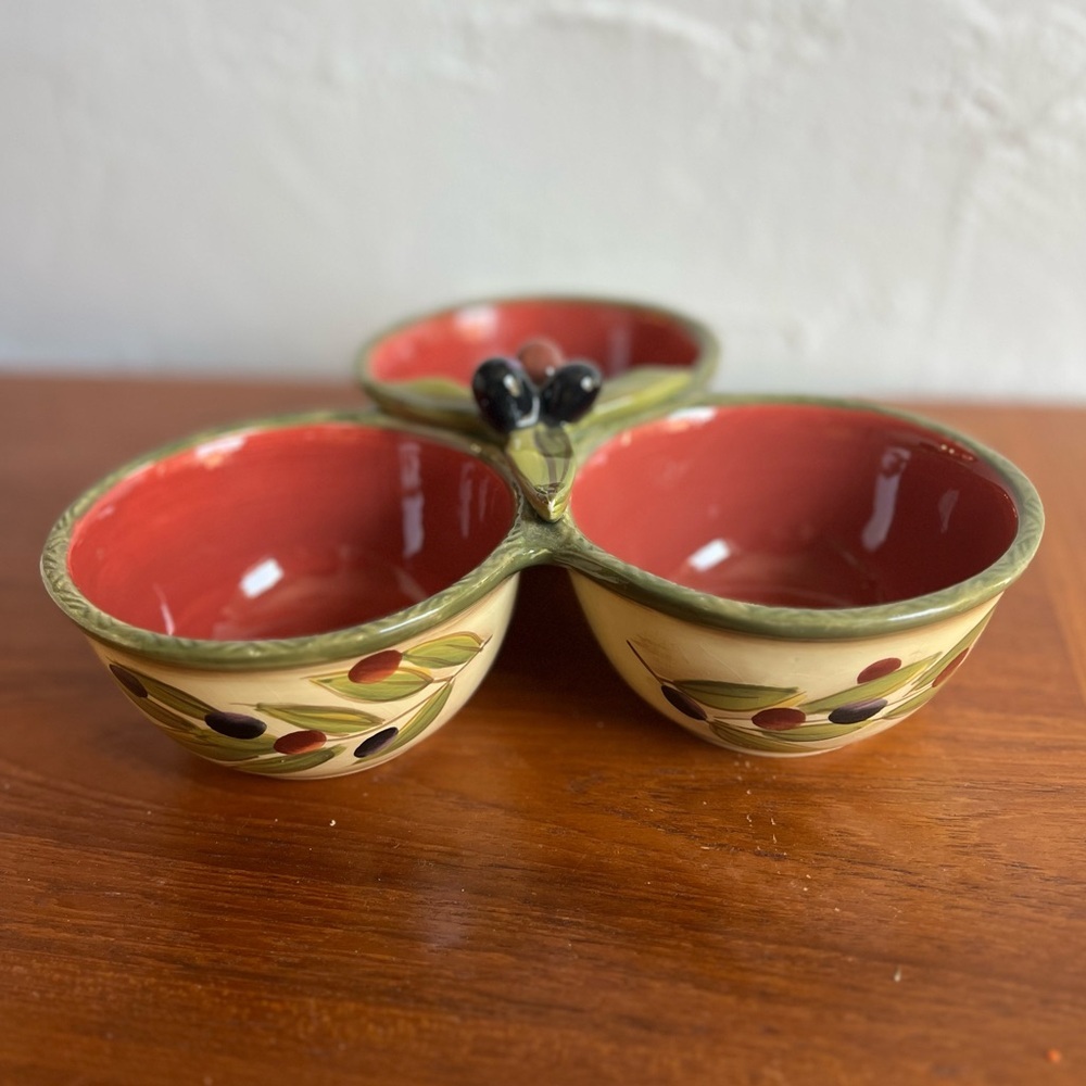 Clay Art Olive Triple Bowl Serving Dish Italian Style 3-Section Ceramic Tapas